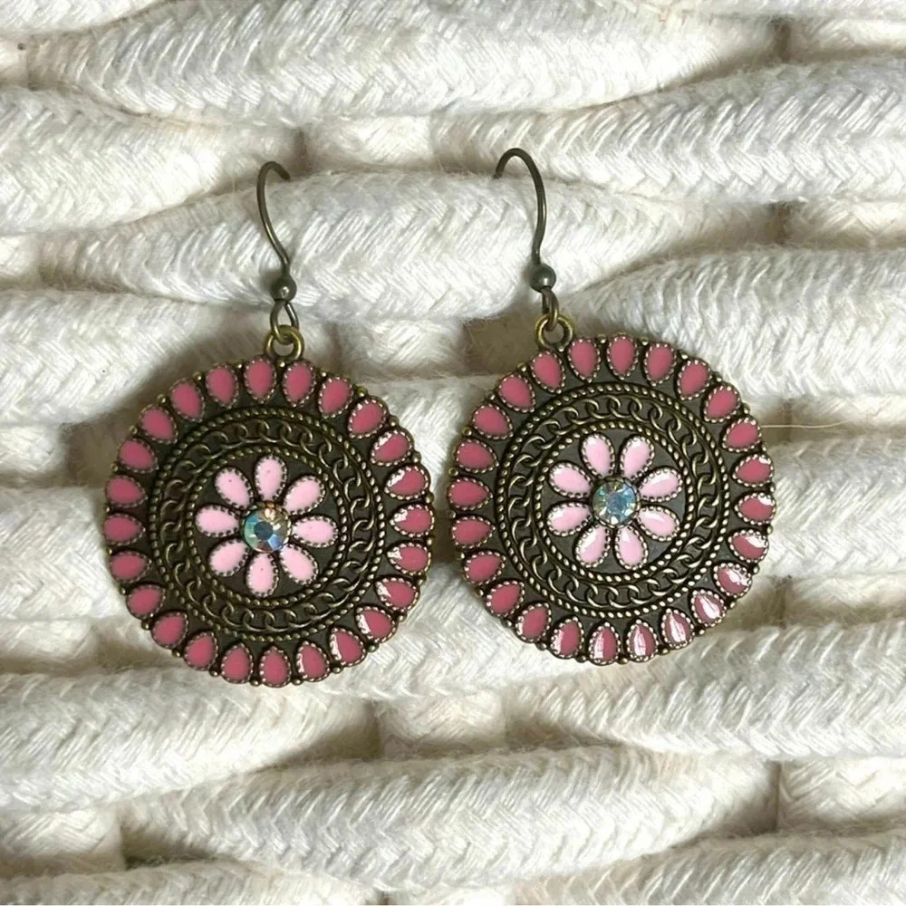 Pink & Bronze Flower Boho Earrings